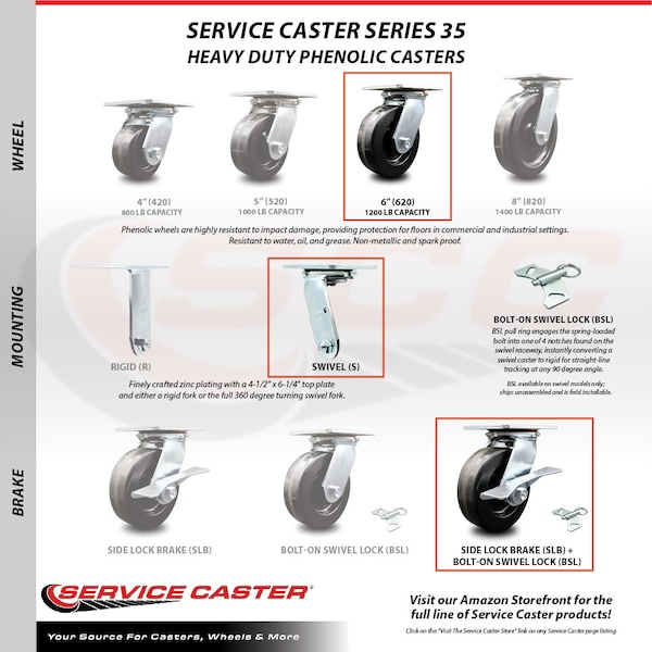Service Caster 6 Inch Phenolic Caster Set with Roller Bearing 4 Brake and 2 Swivel Lock SCC SCC-35S620-PHR-SLB-BSL-2-SLB-2 - main